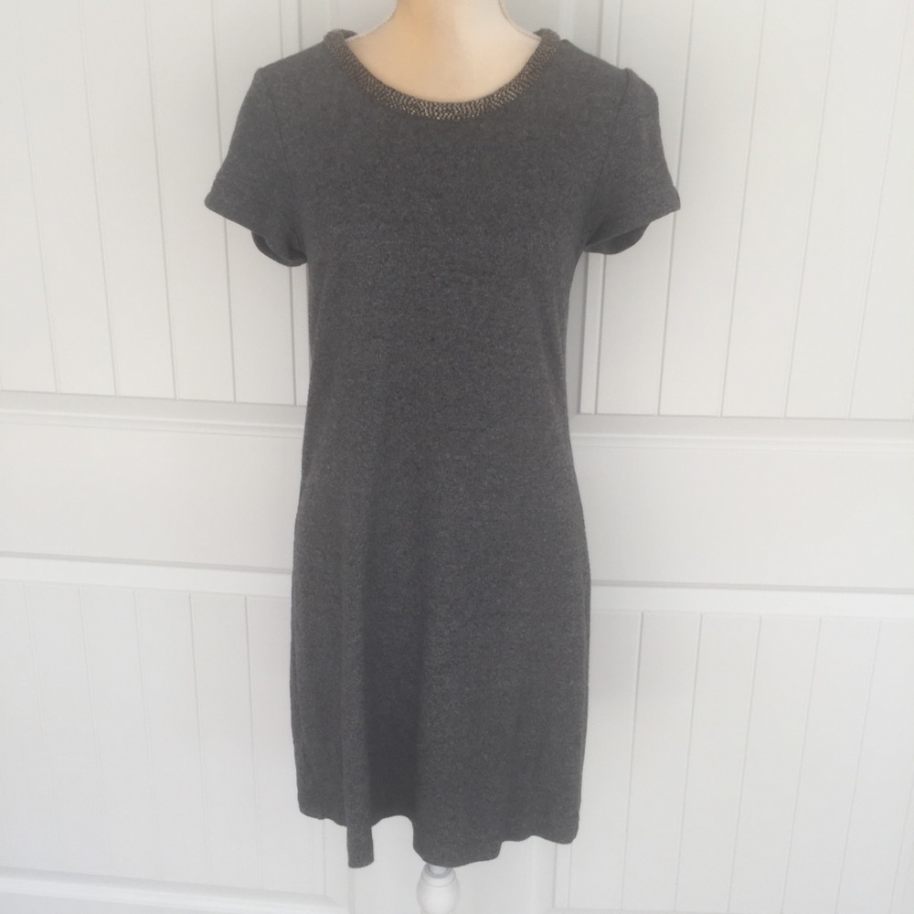 Ann Taylor LOFT gray shift dress with beaded neck